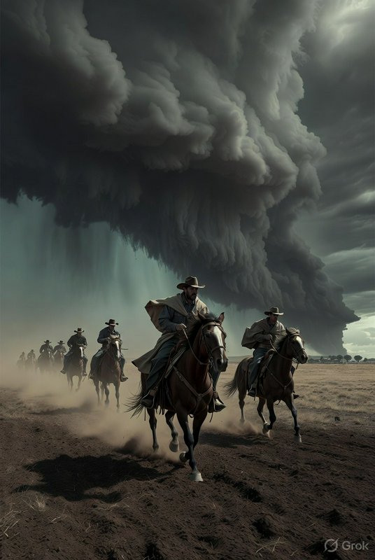 Cowboys riding horses across a dusty plain with a massive dark storm cloud looming behind.