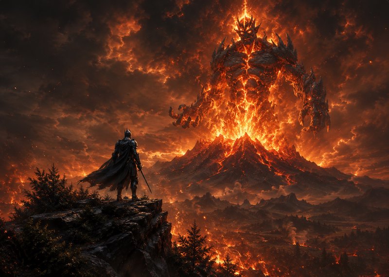 Dark armored warrior on a rocky cliff confronts a colossal lava demon in a fiery volcanic landscape.