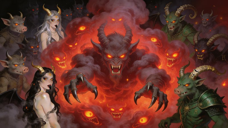 Dark fantasy scene of horned demons with glowing eyes around a fiery central demon amid red smoke.