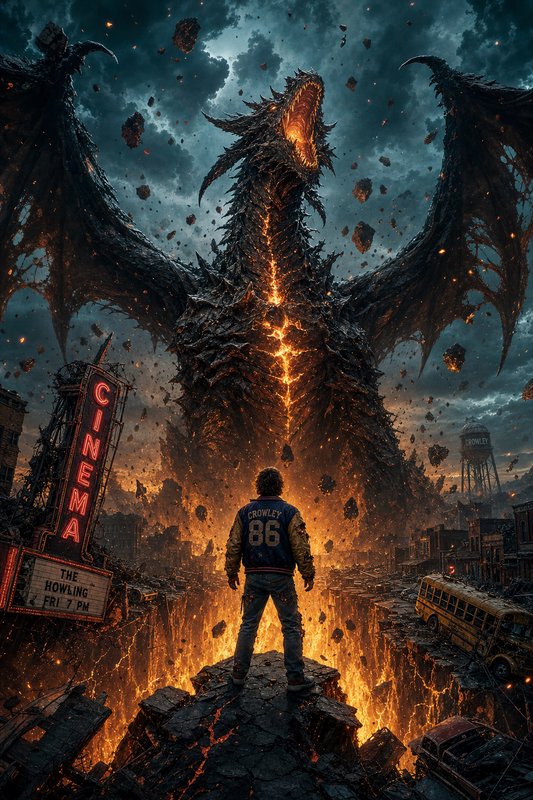 A colossal fiery kaiju towers over a lava-flooded city as a lone figure stands on jagged rocks be...