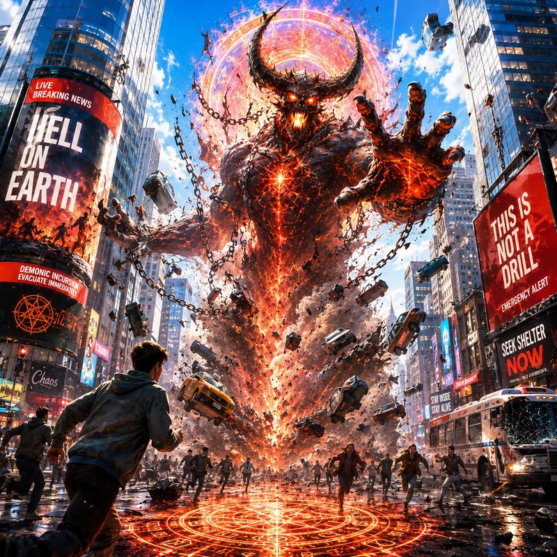 Massive fiery demon towering over a city street as chaos erupts with a glowing rune circle on the ground