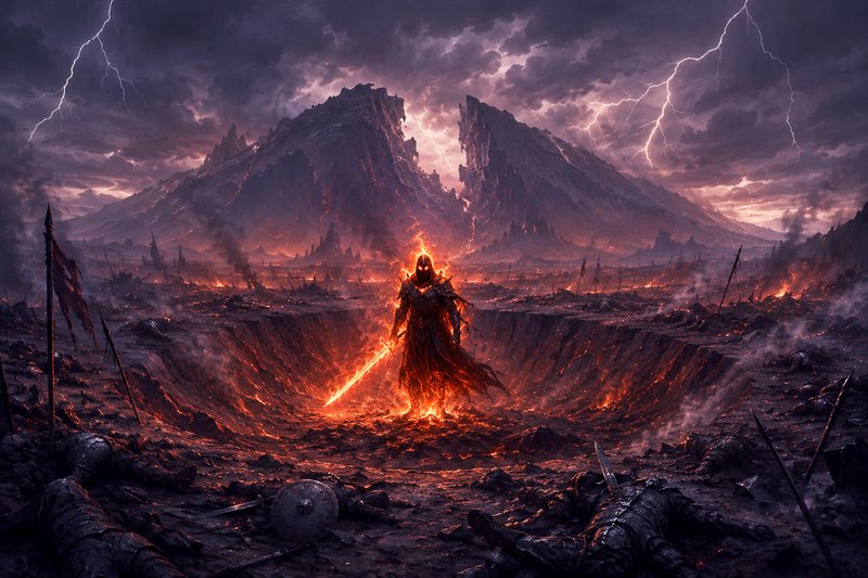 Fiery armored warrior with glowing sword standing amid a lava-filled battlefield under stormy skies