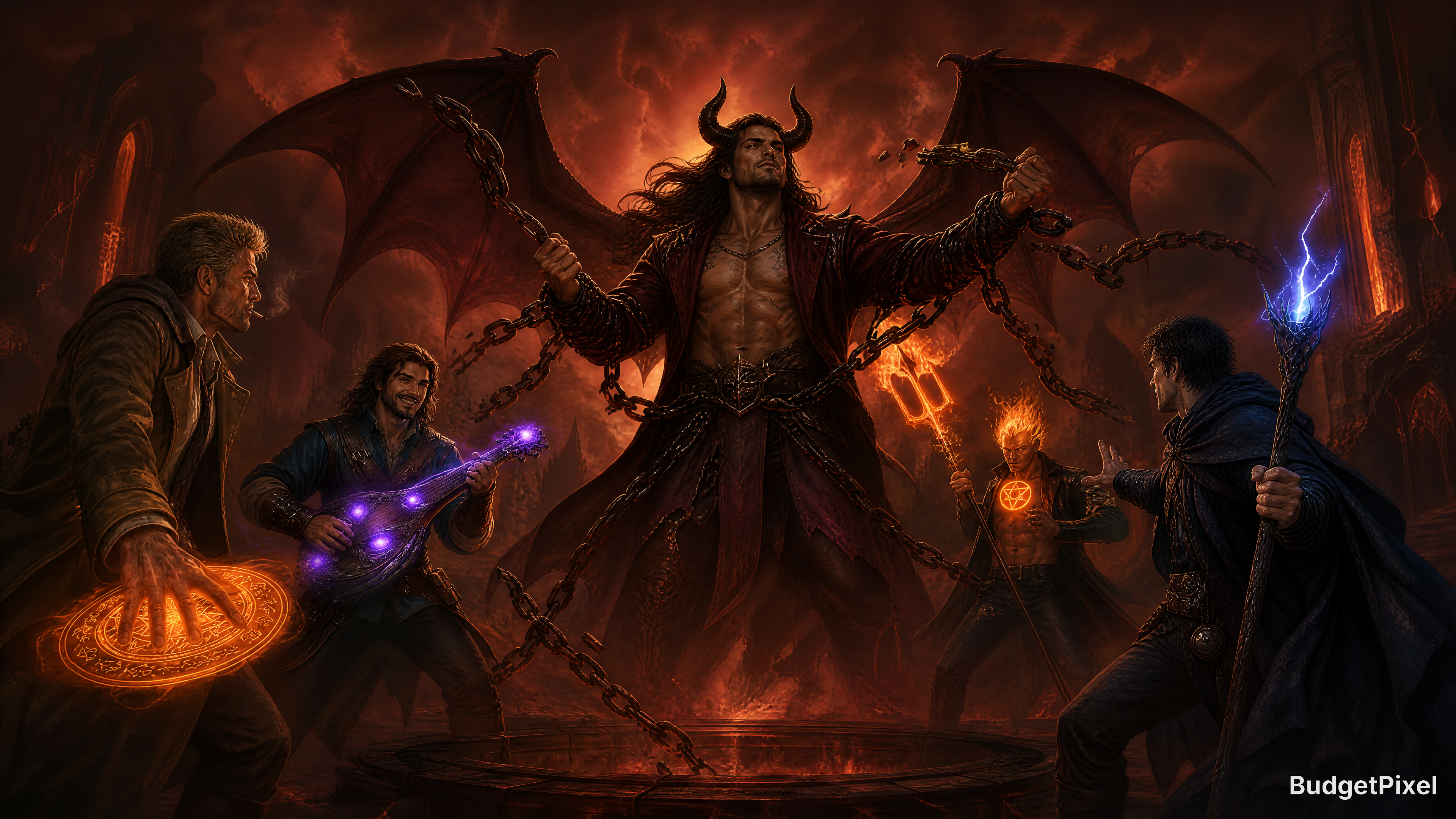 Menacing demon lord with wings chained, surrounded by four heroes wielding fiery magic.