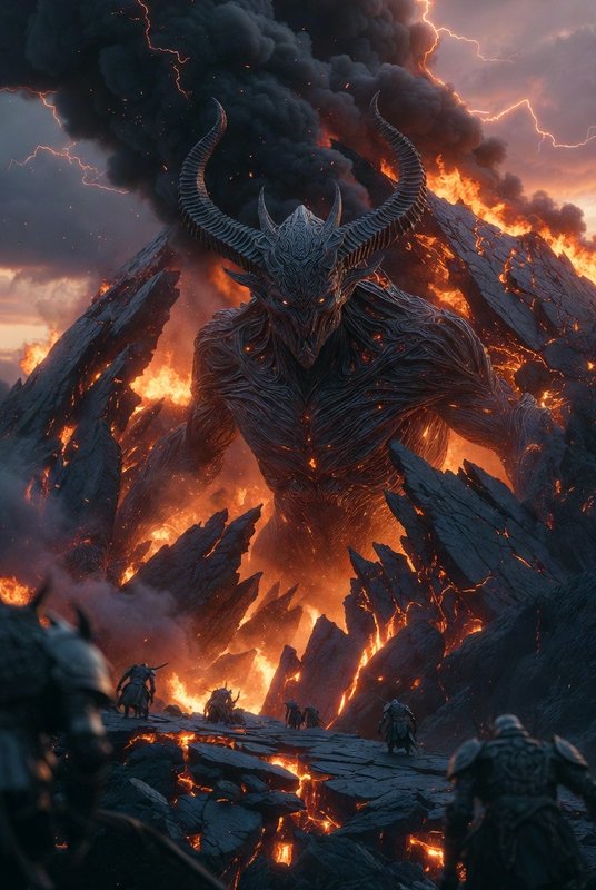 towering horned demon looming over a lava-filled jagged volcanic landscape with armored warriors ...
