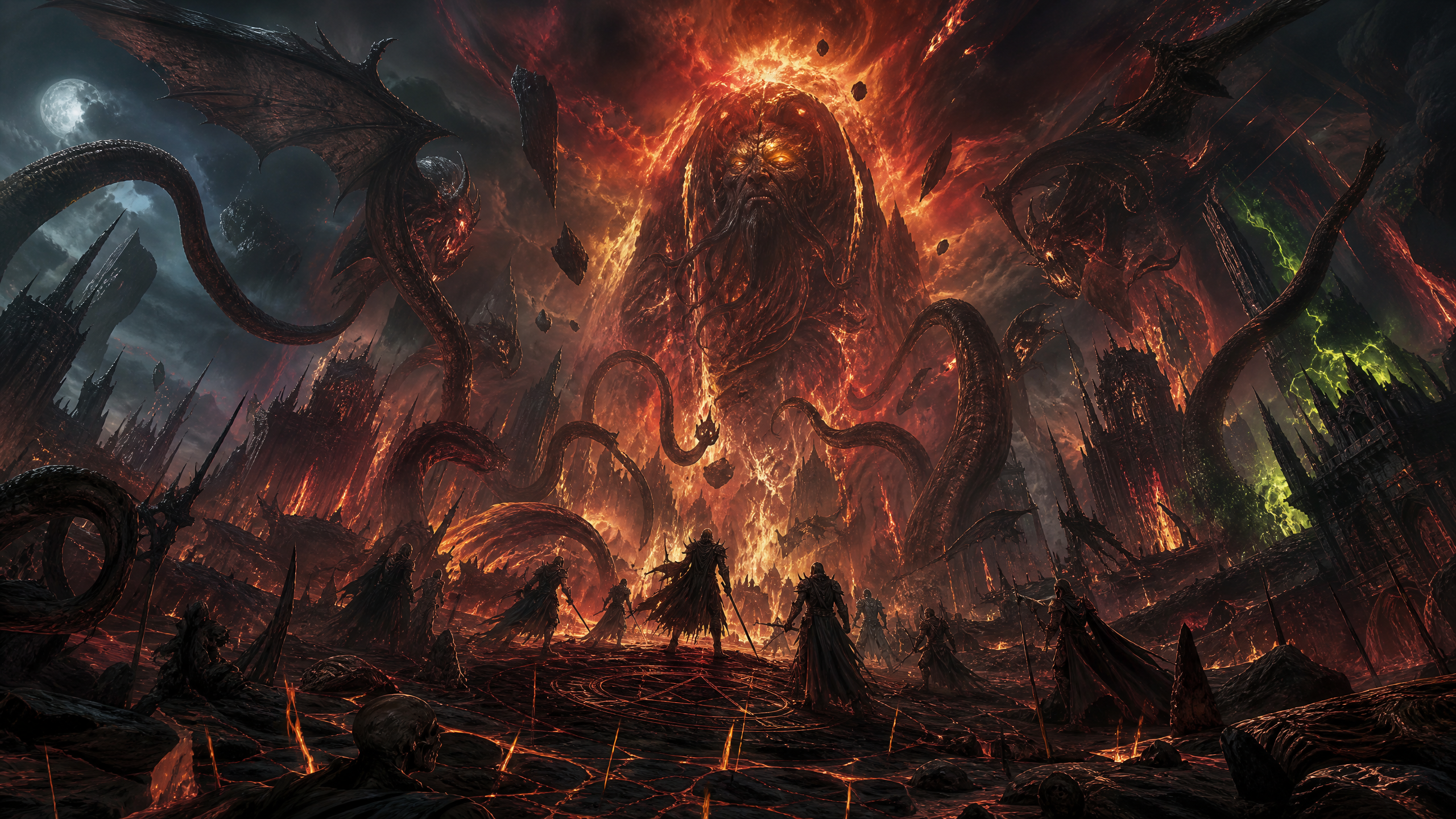 Epic dark fantasy battle against a colossal fiery eldritch monster amid lava and tentacled horrors.