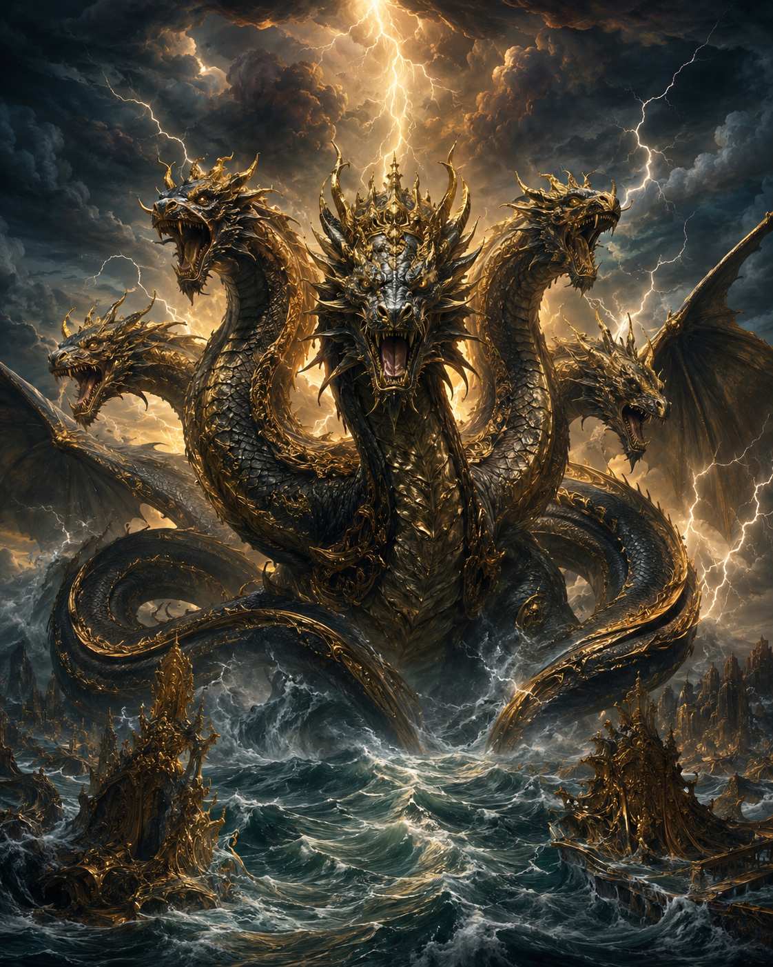 A crowned, multi-headed dragon emerging from turbulent seas amid lightning.