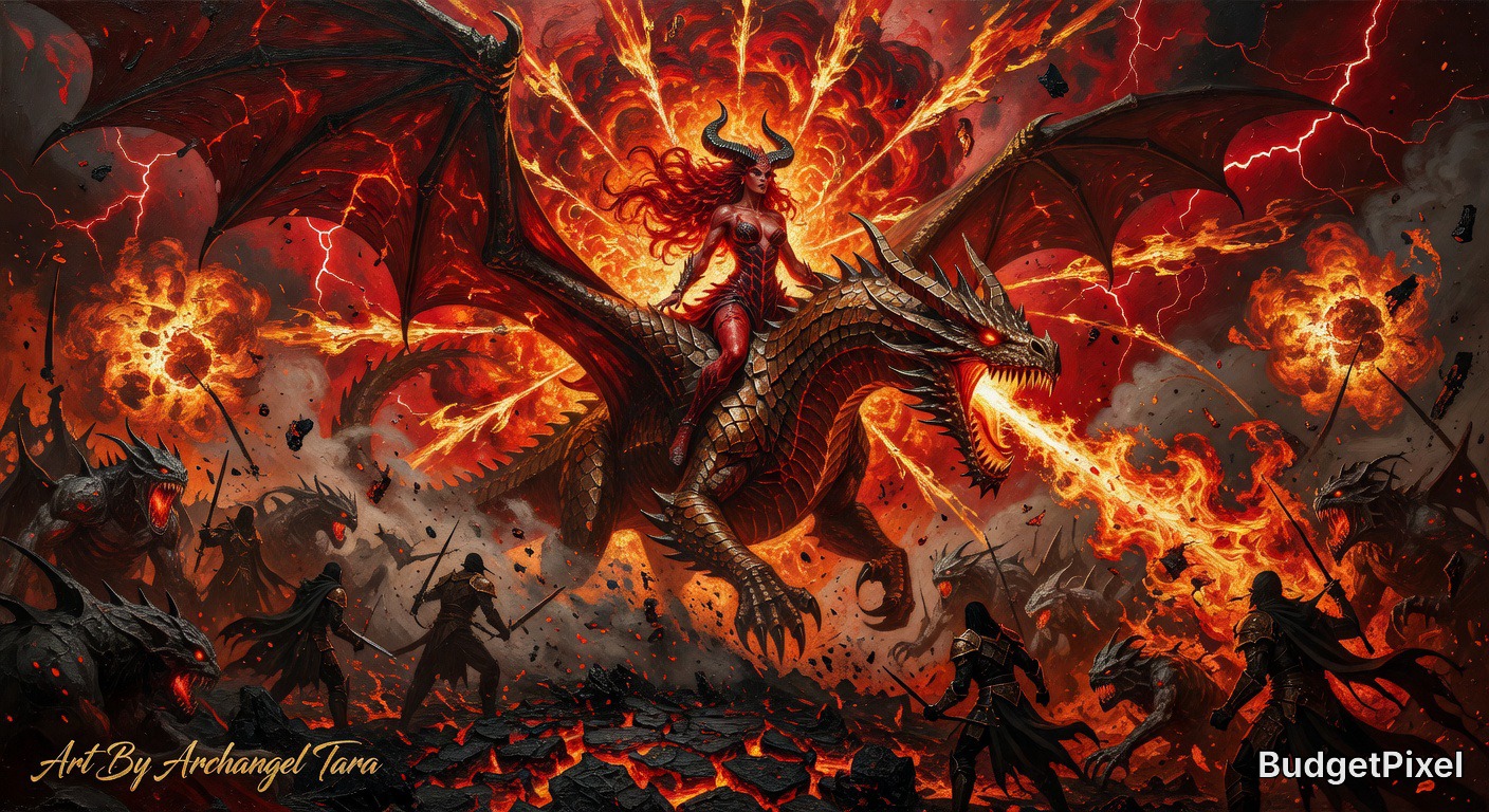Demon queen rides a fiery dragon amid an erupting hellscape as warriors clash below.