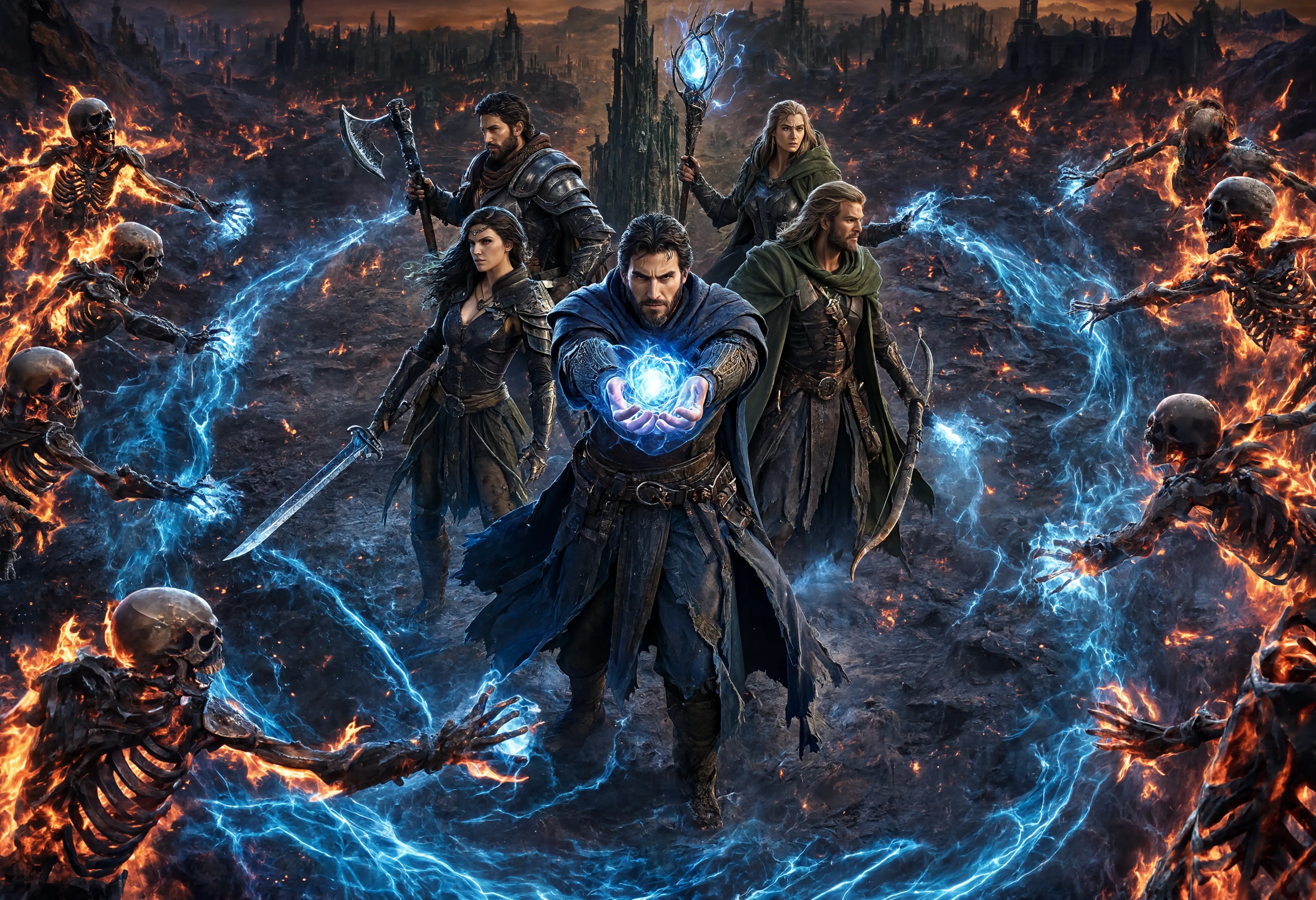 Group of adventurers wielding magical blue energy amid a fiery battlefield with undead enemies.