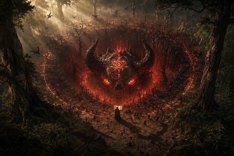 A towering demonic face with glowing red eyes and horns rises from a fiery ritual circle in a dar...