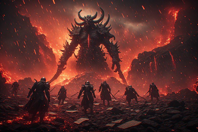 Giant horned demon lord looming over armored knights in a lava-lit volcanic battlefield.