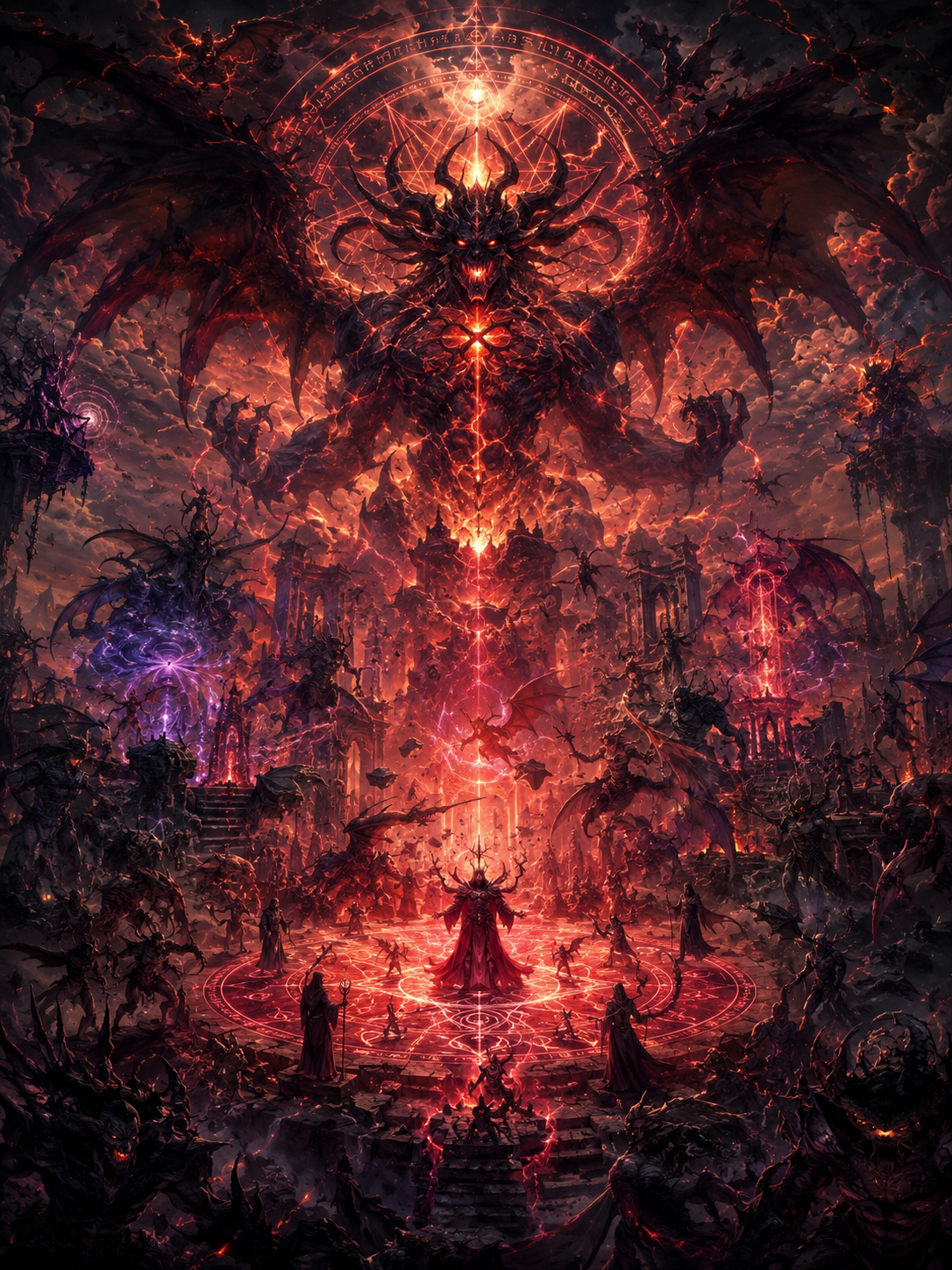 Malevolent demonic lord with fiery red glow, towering wings, and a glowing ritual circle amid a blazing hellscape.