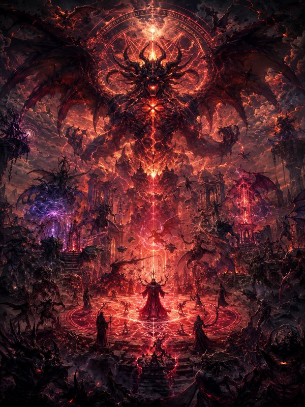 Malevolent demonic lord with fiery red glow, towering wings, and a glowing ritual circle amid a b...
