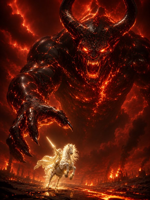 Fiery colossal demon looming over a white-mounted knight with a glowing sword in a lava-lit battl...