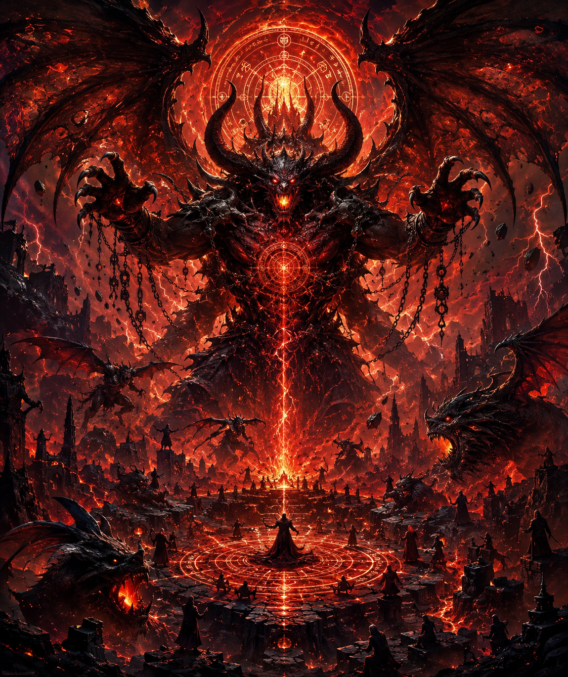 Infernal demon with horned crown and fiery wings looming over a lava-filled ritual circle.