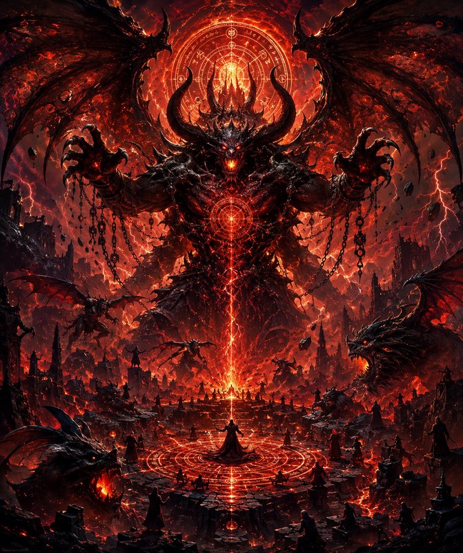 Infernal demon with horned crown and fiery wings looming over a lava-filled ritual circle.