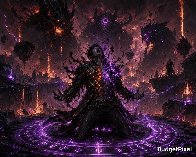 Dark armored necromancer kneels inside a glowing purple magic circle in a lava-lit hellscape.