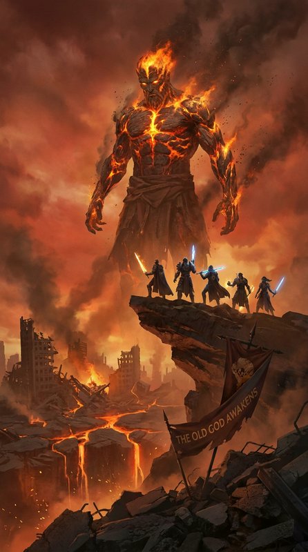 Giant fiery elemental figure towering over a ruined city as five heroes stand on a rocky ledge.