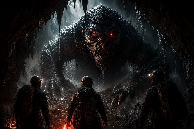 A towering, menacing cave monster with glowing red eyes looms over three helmeted explorers in a ...