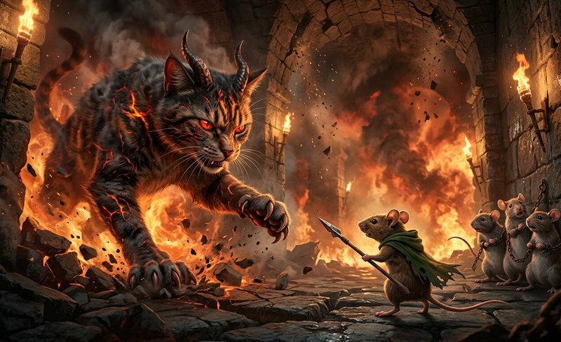 Fiery demonic cat lunges at a brave rat warrior with a spear in a torch-lit dungeon.