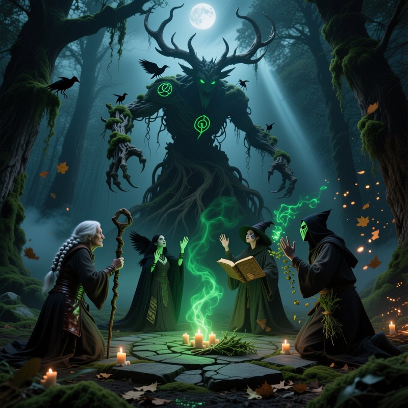 Dark forest ritual with a towering horned entity and four robed wizards around glowing green magic.