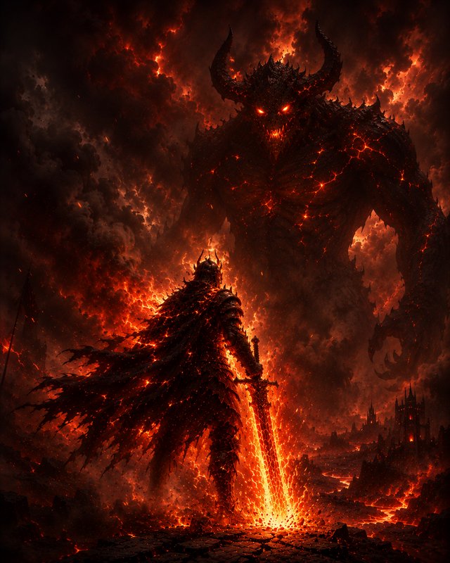 Armored warrior with a lava-lit sword faces a towering demon in a fiery hellscape.