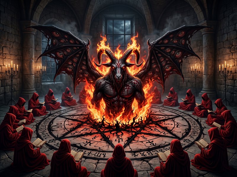Fiery horned demon standing in a ritual circle surrounded by red-hooded figures.