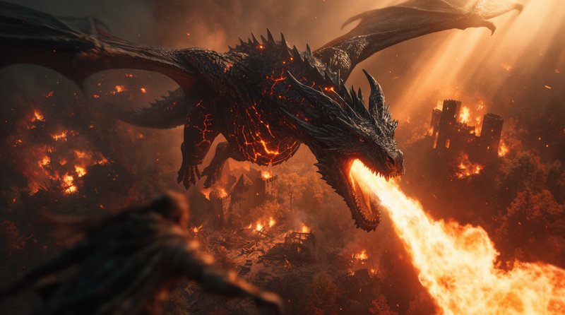 Dark dragon breathing fire over a burning medieval landscape.