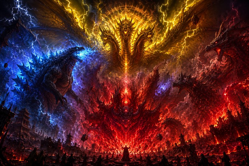 Epic fantasy battle: a central multi-headed fiery demon unleashes energy amid blue and red dragons.