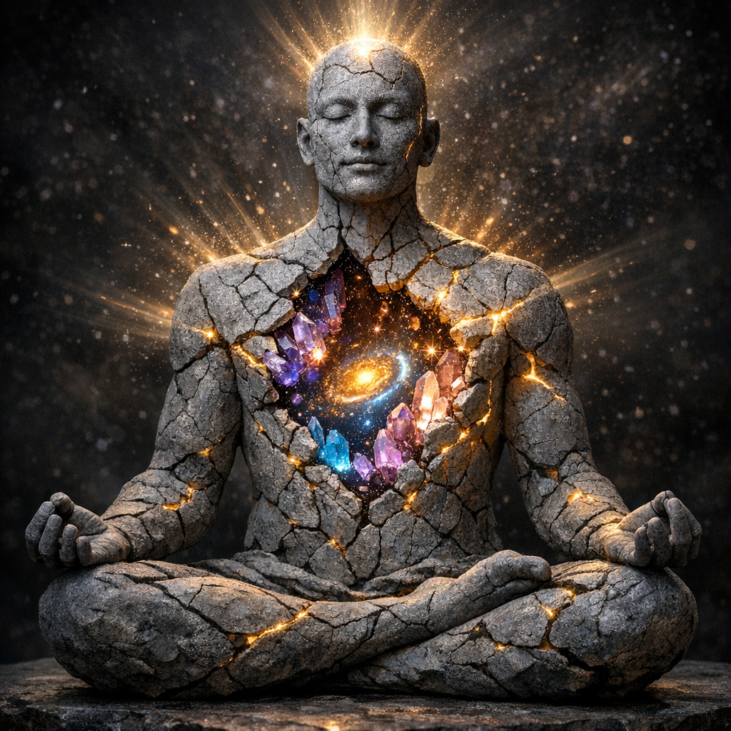 Stone meditating figure with a glowing crystal heart and a swirling galaxy inside its chest.
