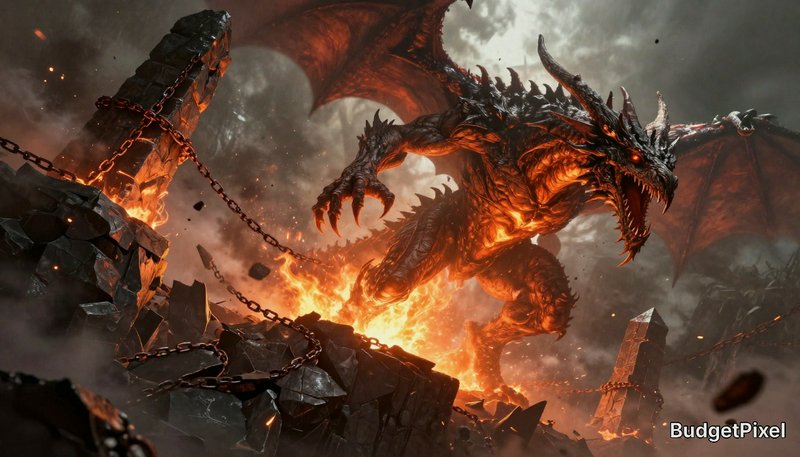 Fiery dragon perched among lava and broken rocks in a dark volcanic landscape.