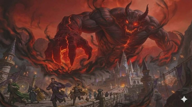 Massive fiery demon looming over a medieval city as villagers flee.