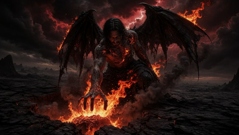 Dark winged demon emerges from molten lava amid a fiery, volcanic landscape.