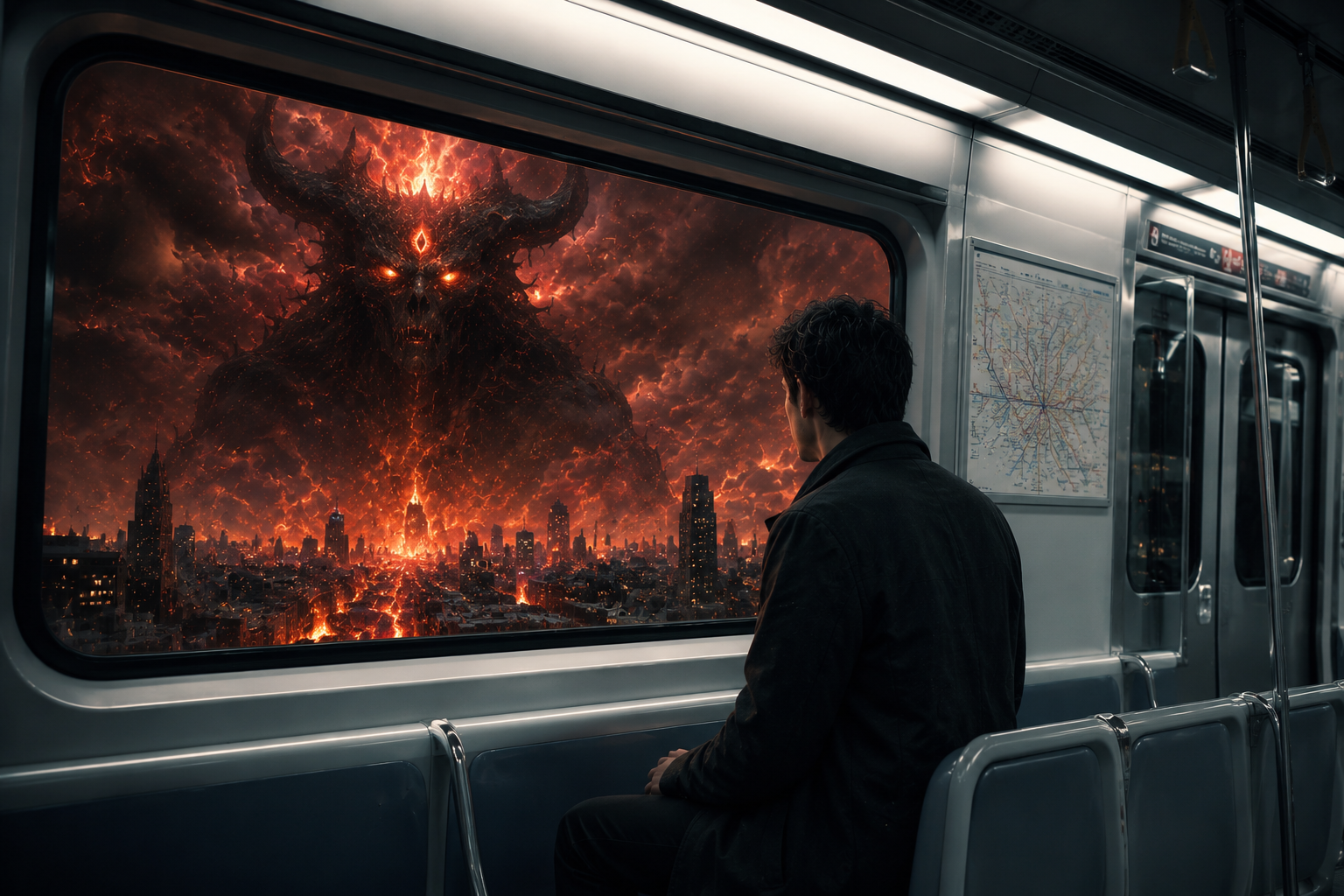 Man sitting in subway car gazes at a fiery demon rising over a ruined city through the window.