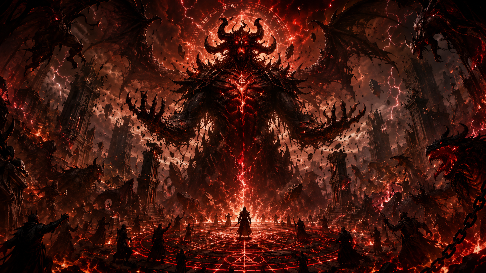 A towering fiery demon with horns looms over a red-hot ritual circle, surrounded by warring figures in a hellish landscape.