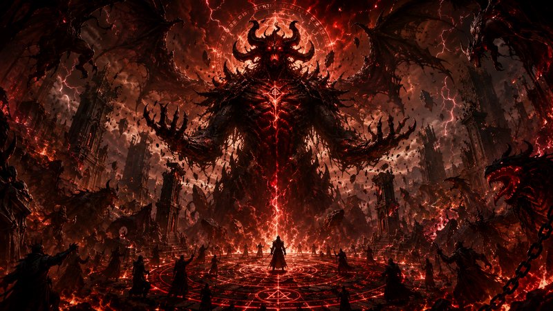 A towering fiery demon with horns looms over a red-hot ritual circle, surrounded by warring figur...