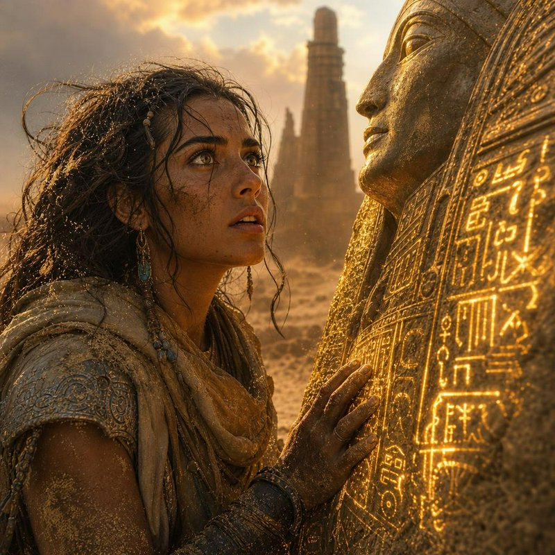 Woman in desert dust gazes at an ancient carved statue with hieroglyphs.