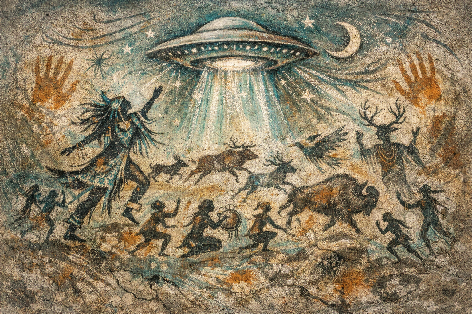 Ancient-style cave painting depicting a UFO beam abducting humans amid animals and roaming figures.