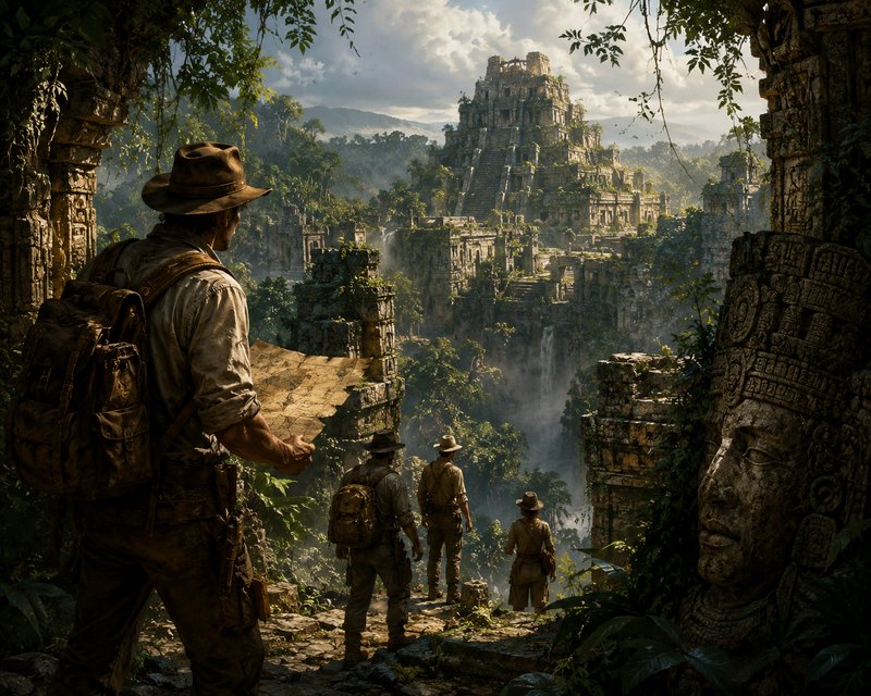 Adventurer with backpack and hat overlooking a misty ancient jungle temple ruins.