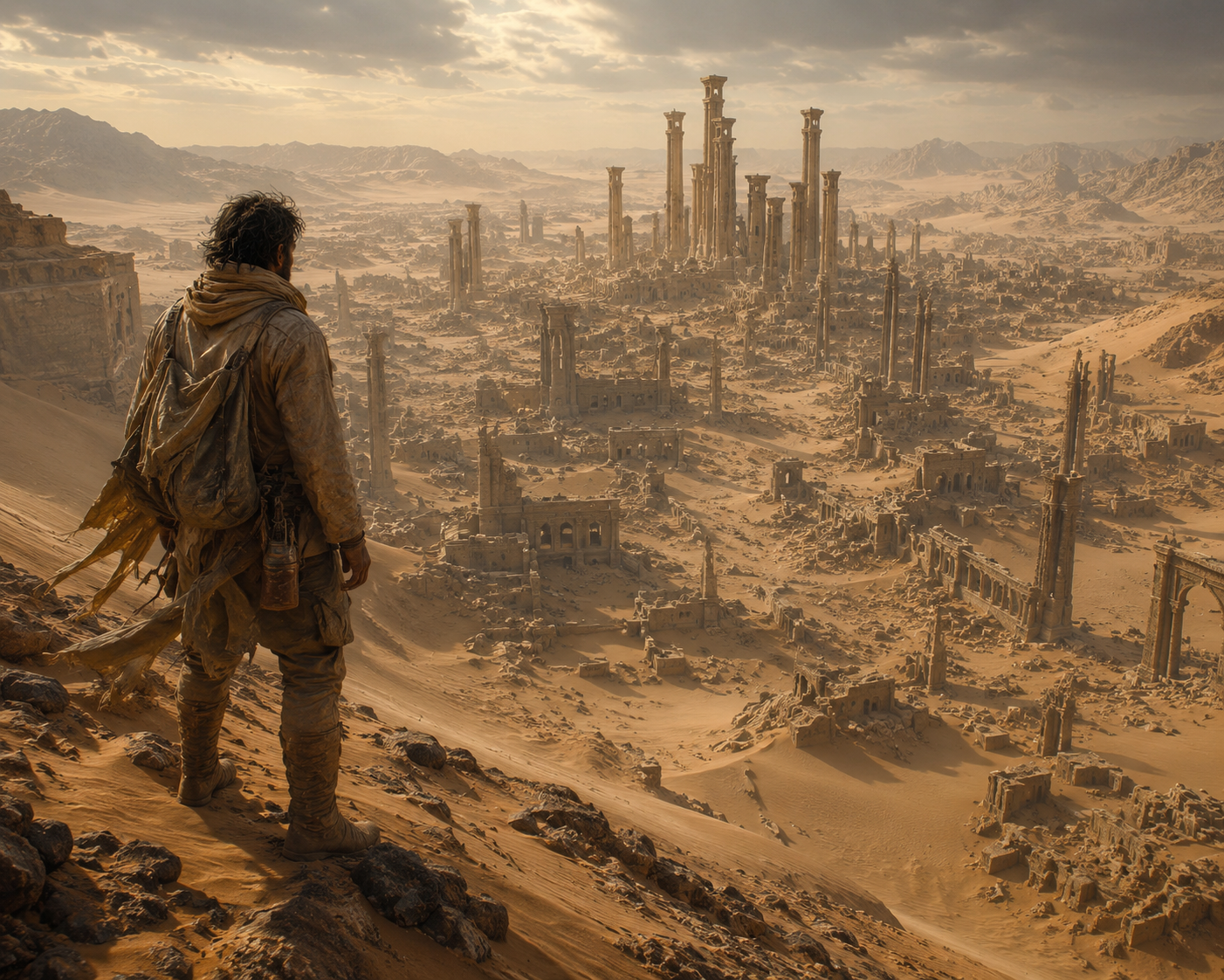 Lone survivor on a sand dune overlooking a ruined desert city with towering weathered columns.