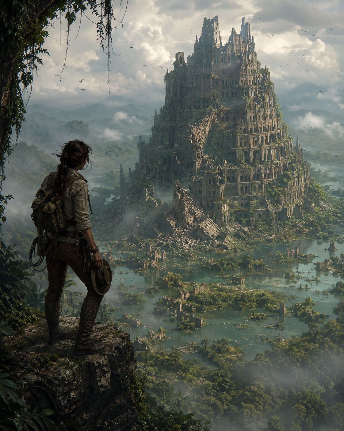 Adventurer stands on a rocky ledge overlooking a colossal, overgrown ancient tower in a misty jungle.
