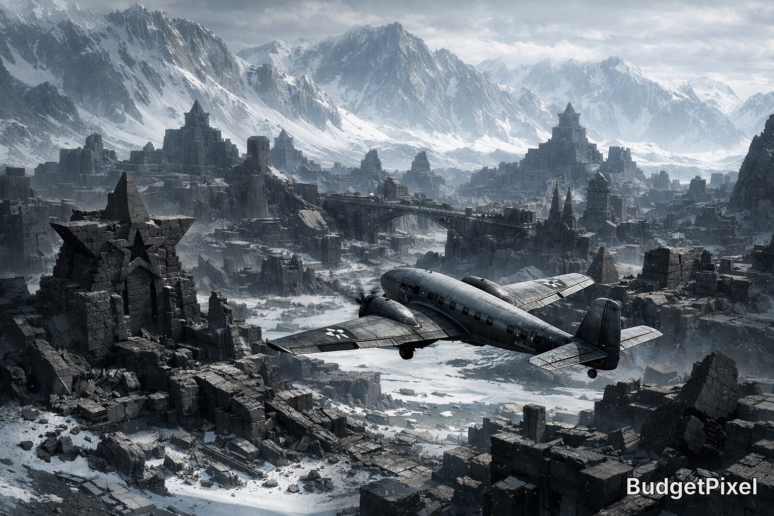 Propeller airplane over a snow-dusted ruined city with jagged towers and distant mountains.