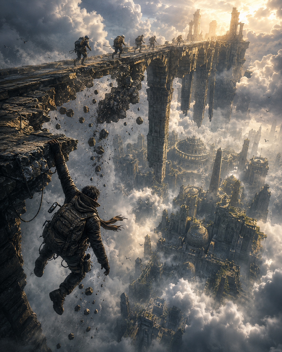 Climber with backpack on a crumbling stone bridge high above a foggy, ruined city in the clouds.