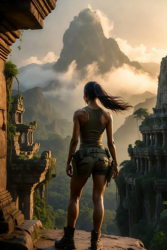 Woman explorer standing on ancient stone ruins overlooking misty mountains at sunrise.