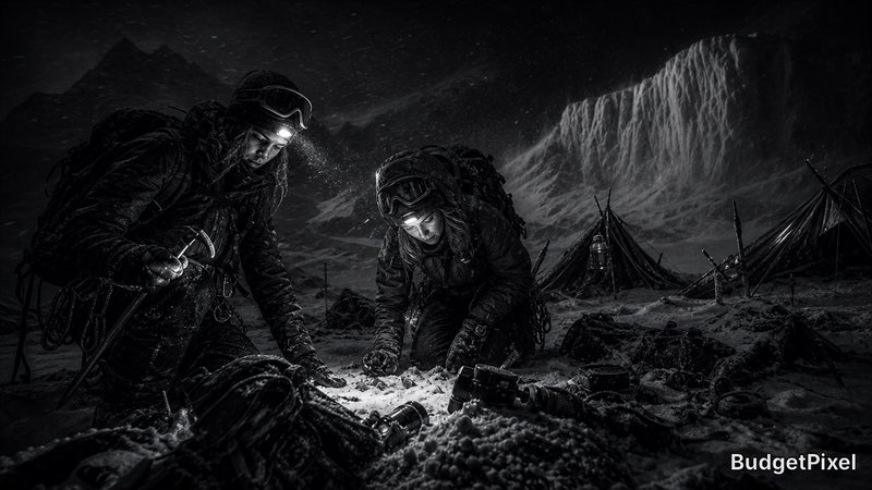 Two soldiers in icy, snowy terrain at night examine an object lit by headlamps near a camp.