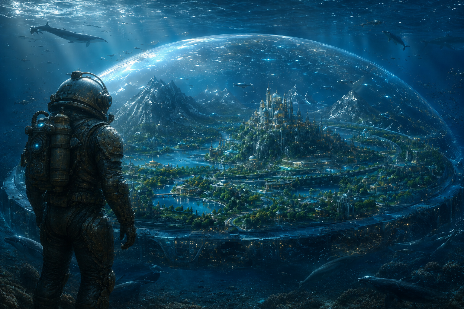Underwater explorer in a deep-sea suit faces a glass dome enclosing a submerged city with a castle.