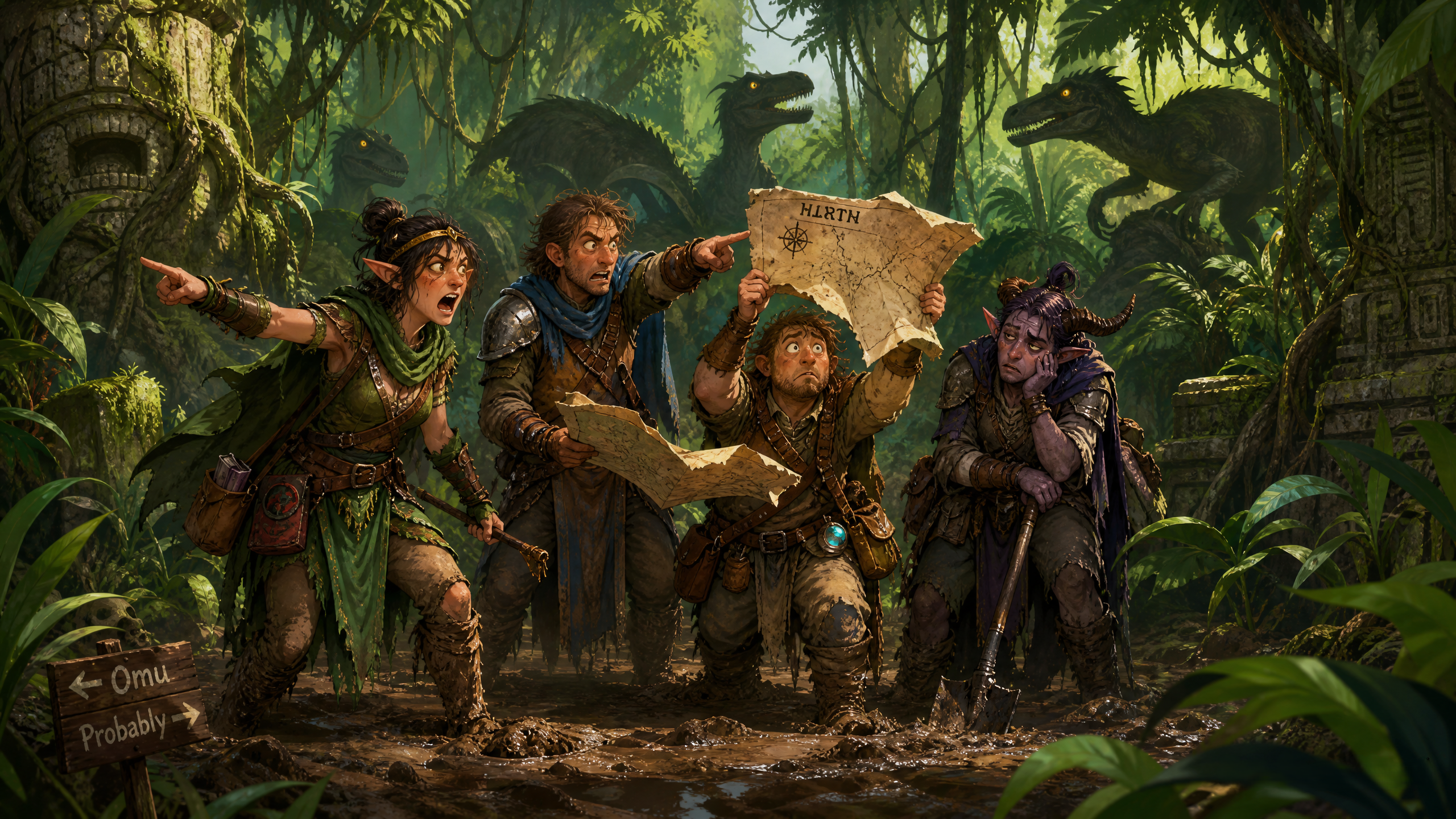 Group of four fantasy adventurers in a lush jungle, studying a torn map while dinosaur silhouettes loom behind.