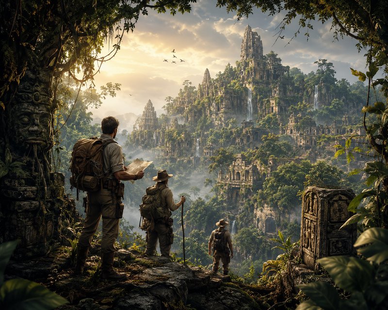 Three explorers with backpacks overlook ancient jungle temple ruins at sunset in a misty, lush la...