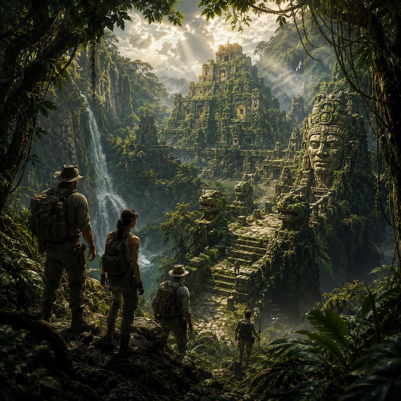 Jungle expedition group overlooking ancient stone ruins with colossal carved faces in a misty valley.