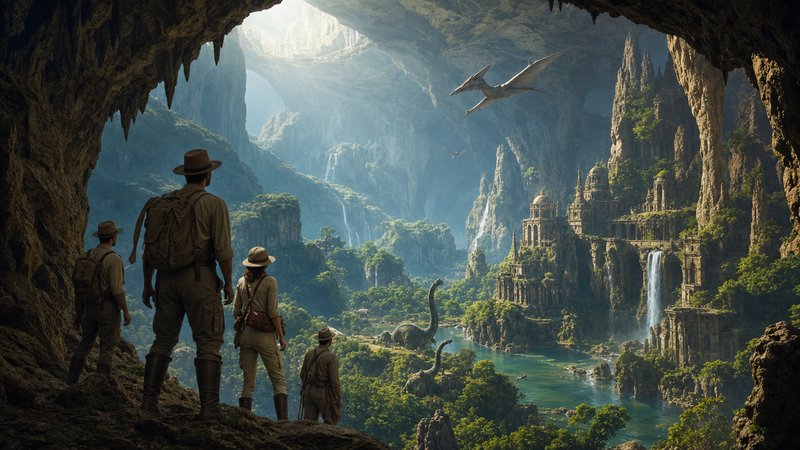 Adventurers in a cavern overlook a lush valley with ancient towers, waterfalls, and flying dinosaurs.