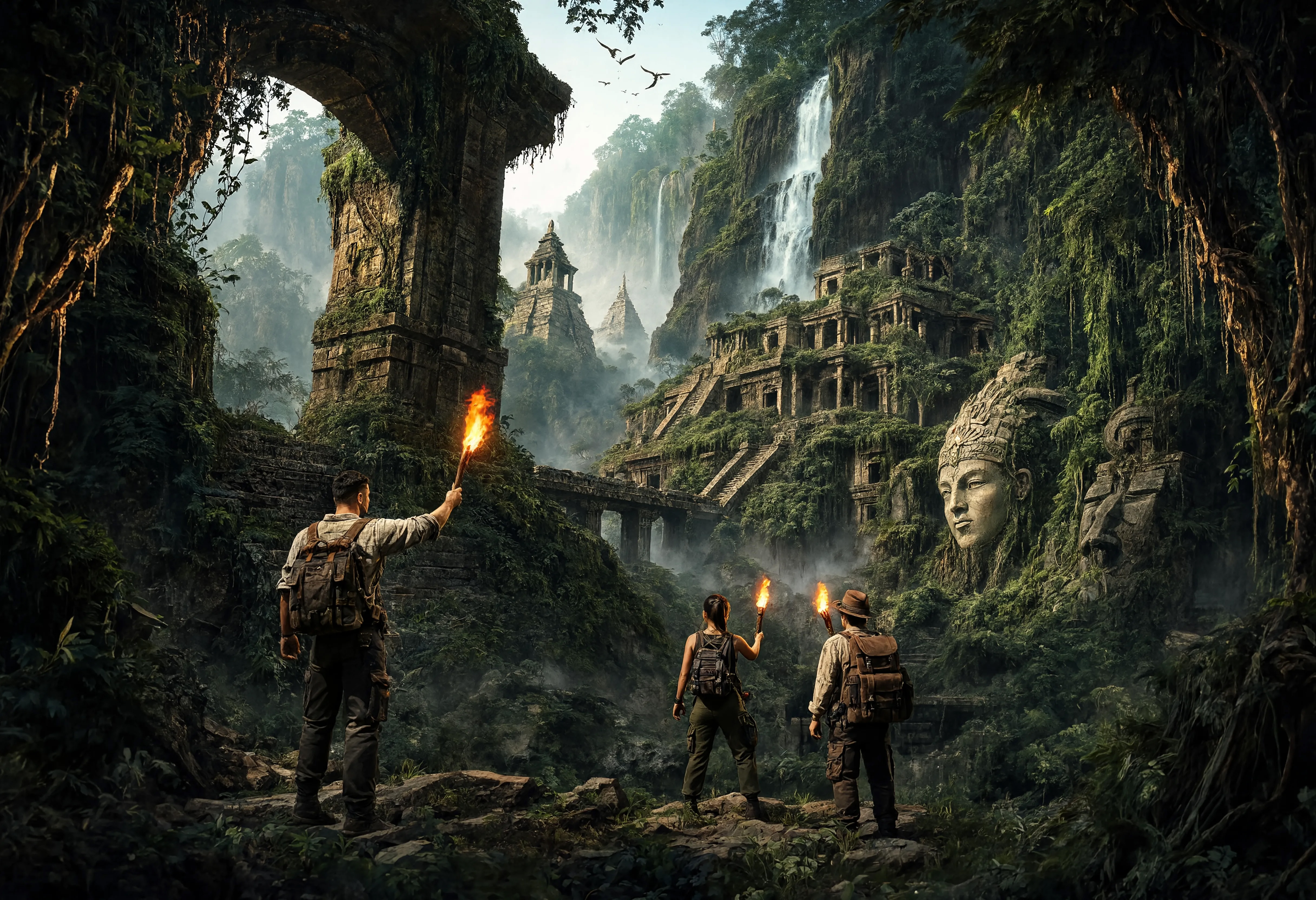 Group of explorers with torches exploring lush jungle ruins with ancient statues and a waterfall.